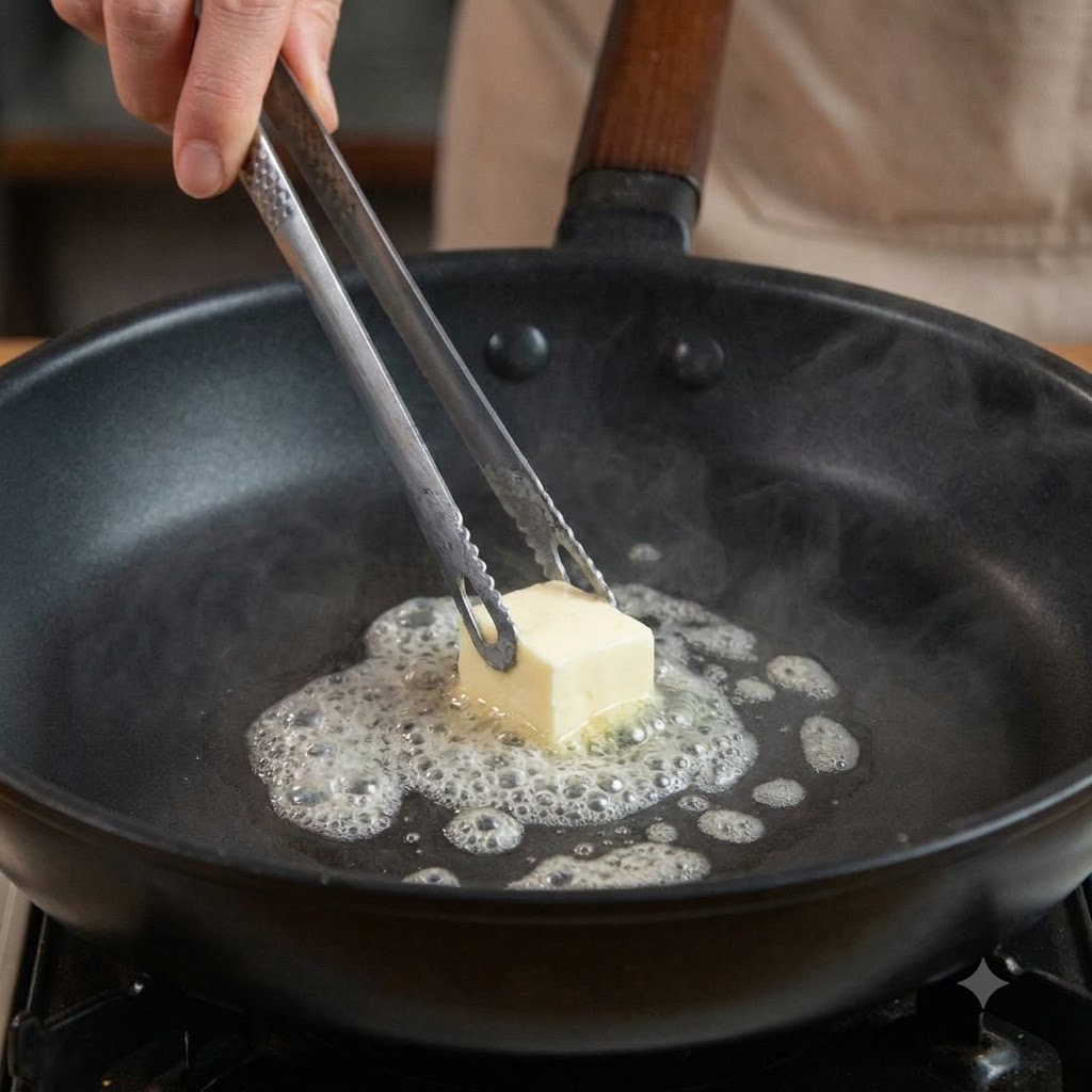 Ein Stück Butter schmilzt in einer schwarzen Pfanne, während Knoblauch, Ingwer und Chilischoten brutzeln.