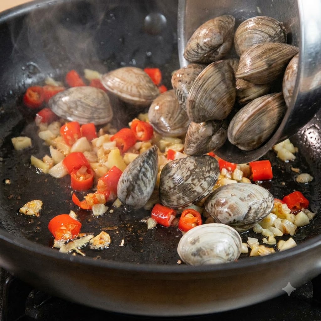 Muscheln werden aus einem Metallbehälter in eine Pfanne mit angebratenem Knoblauch und rotem Chili geschüttet.