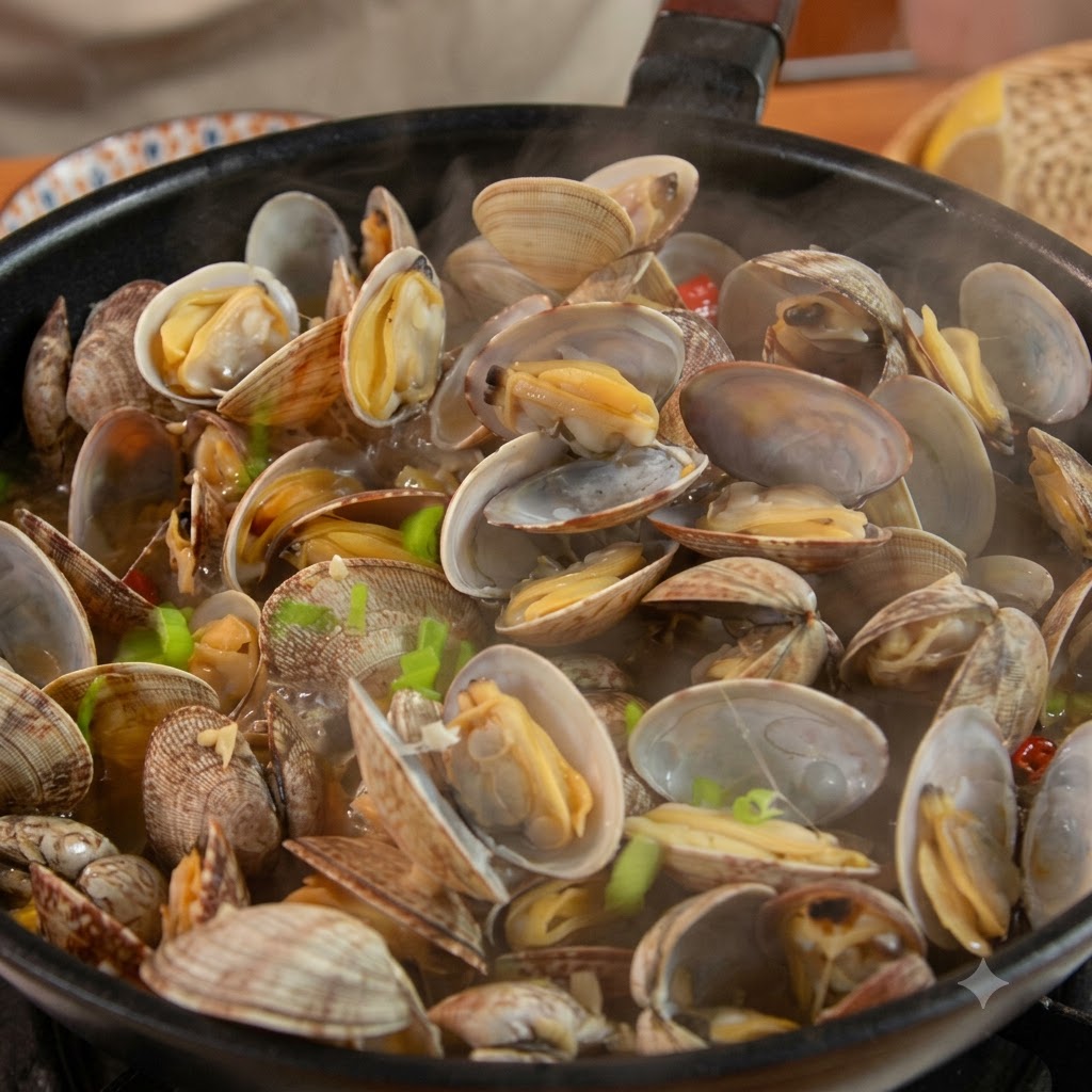Gekochte, geöffnete Muscheln in einer Pfanne, garniert mit frisch gehackten Frühlingszwiebeln.