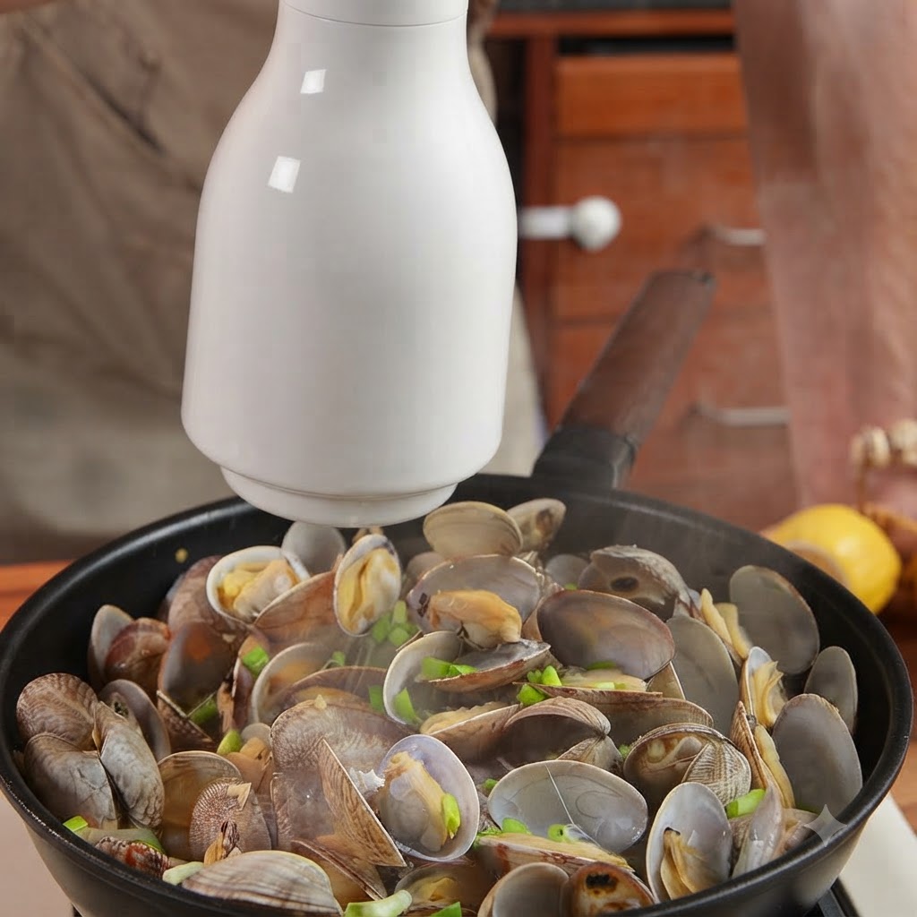Eine elektrische Pfeffermühle würzt eine Pfanne mit gekochten Muscheln mit frisch gemahlenem schwarzem Pfeffer.