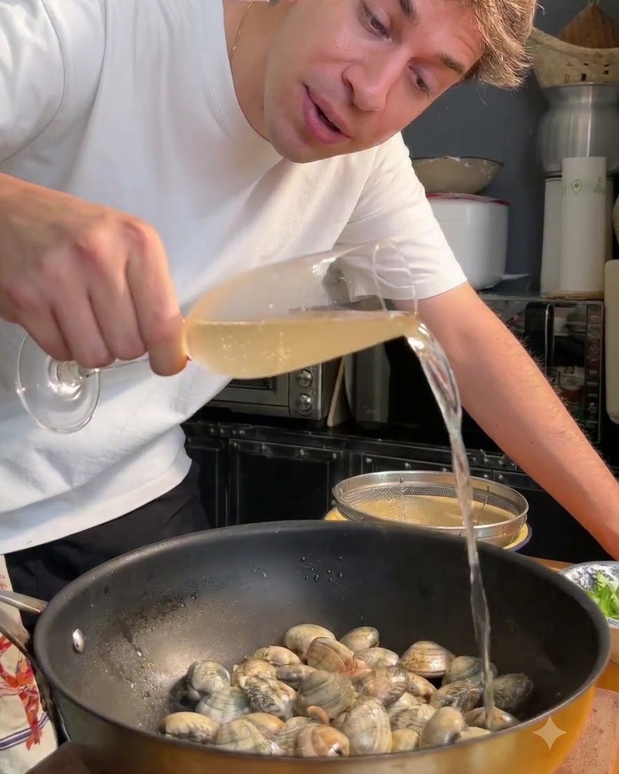 Weißwein wird aus einem Glas in eine Muschelpfanne gegossen.