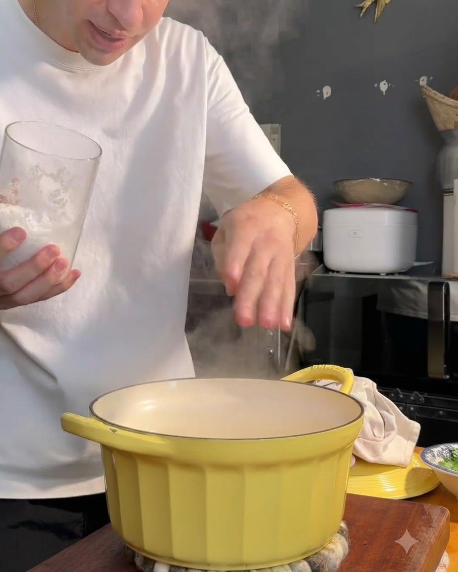 Eine Person gibt Salz in einen gelben Topf mit kochendem Wasser.