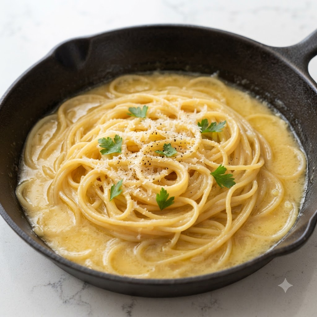 Spaghetti köcheln in einer Pfanne, überzogen mit einer goldenen Muschelbrühenemulsion.