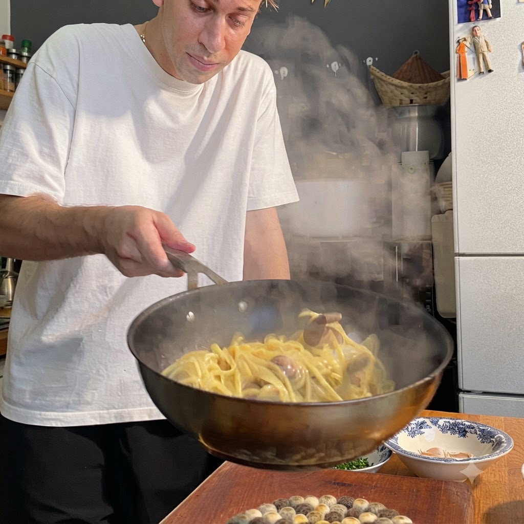 Ein Koch hält den Griff einer Pfanne und schwenkt Spaghetti und Muscheln.