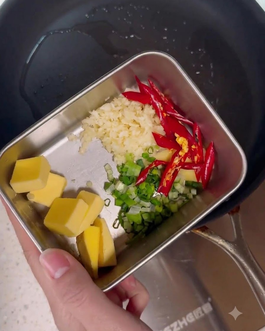 Ein Metallbehälter mit gehackten Frühlingszwiebeln, gehacktem Knoblauch, Ingwer, geschnittenen roten Chilis und Butterwürfeln.