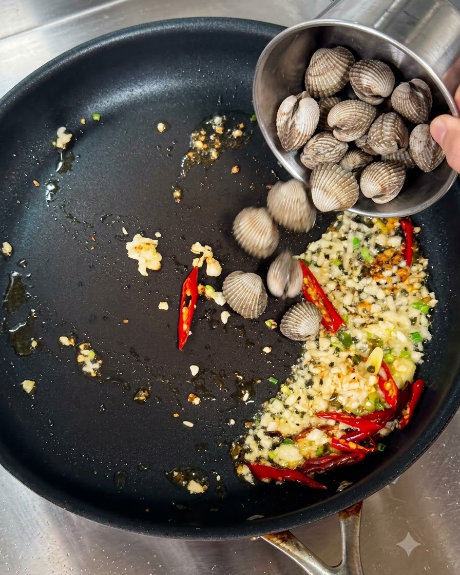 Frische Muscheln werden aus einem kleinen Metallbecher in eine Bratpfanne mit angebratenem Knoblauch und Chilis geschüttet.