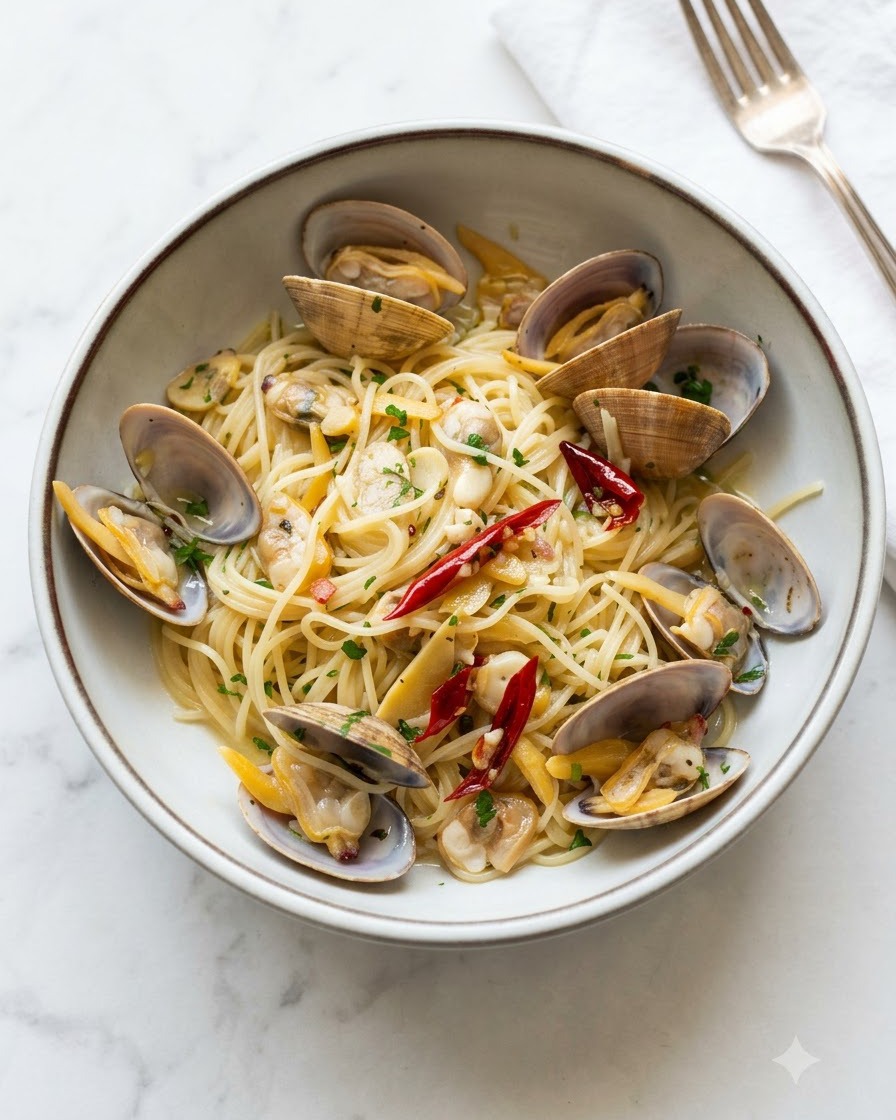 Getrocknete Petersilienflocken werden aus einer Gewürzflasche über eine Schüssel mit gekochten Muscheln und Pasta geschüttelt.