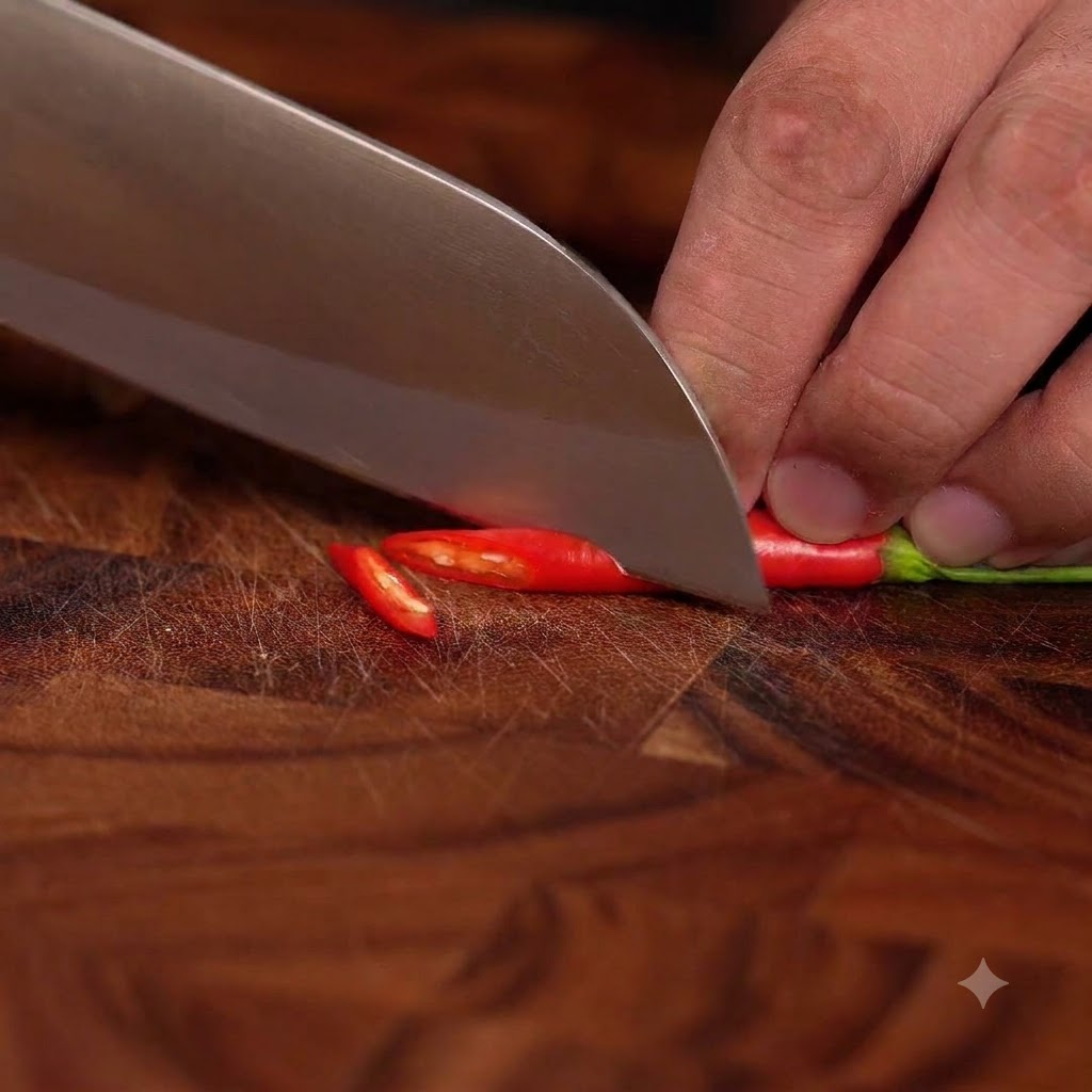 Eine rote Chilischote wird auf einem Holzschneidebrett in kleine runde Ringe geschnitten.
