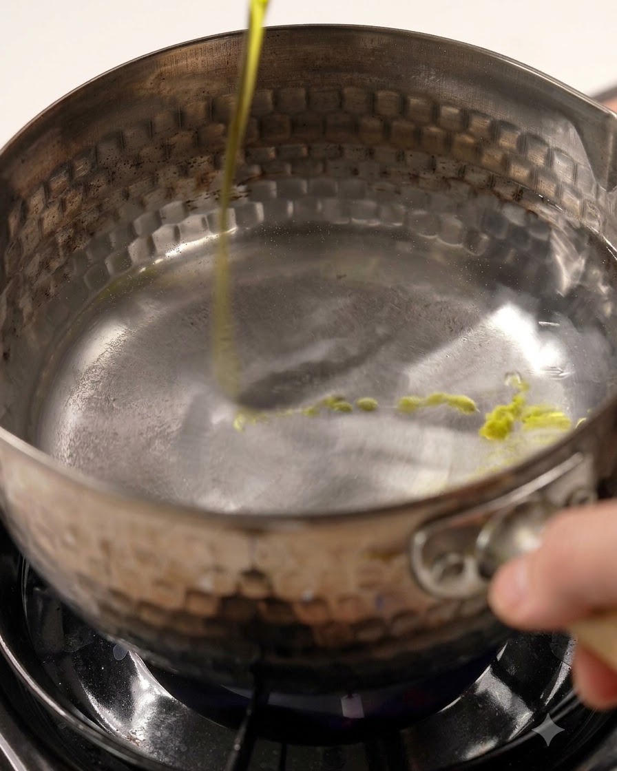 Olivenöl wird von oben in einen Topf mit sprudelnd kochendem Wasser gegossen.