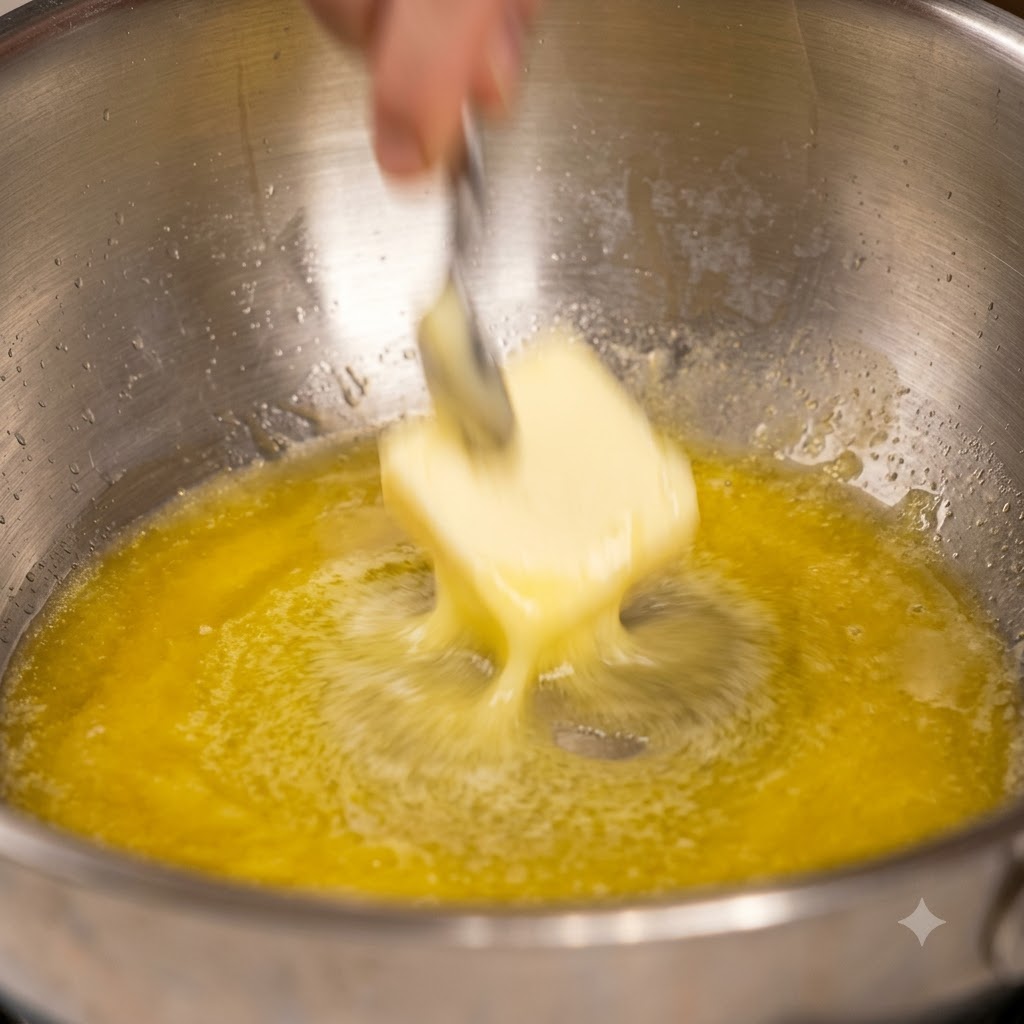 In Scheiben geschnittener Knoblauch wird mit einer Kochzange in geschmolzener Butter in einer Pfanne geschwenkt und angebraten.