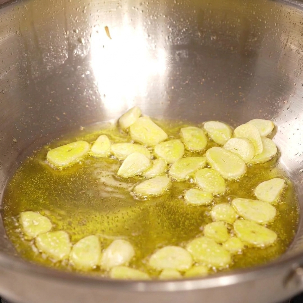 Rote Chiliringe vermischt mit goldenen Knoblauchscheiben braten in Öl in einer Edelstahlpfanne.