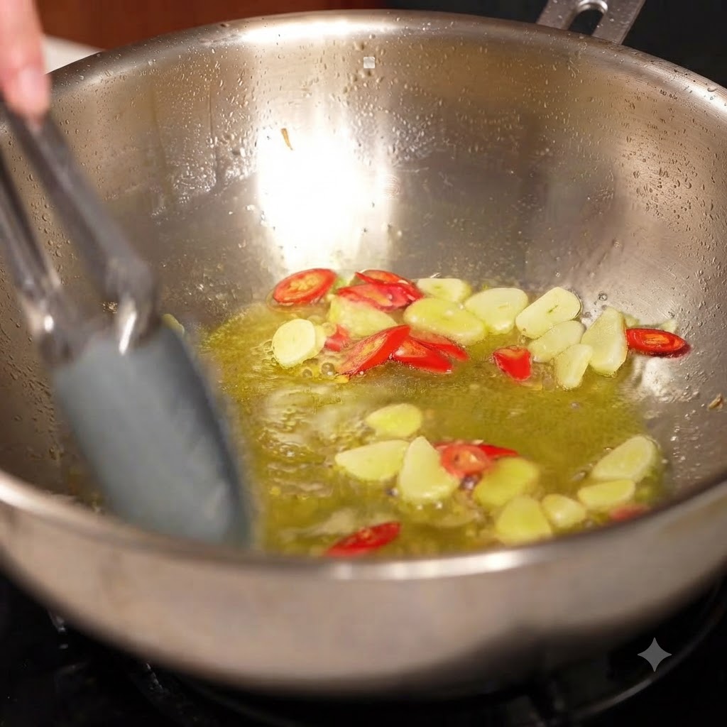 Frische Muscheln werden mit einer Zange einzeln in eine Pfanne mit Knoblauch-Chili-Öl gelegt.