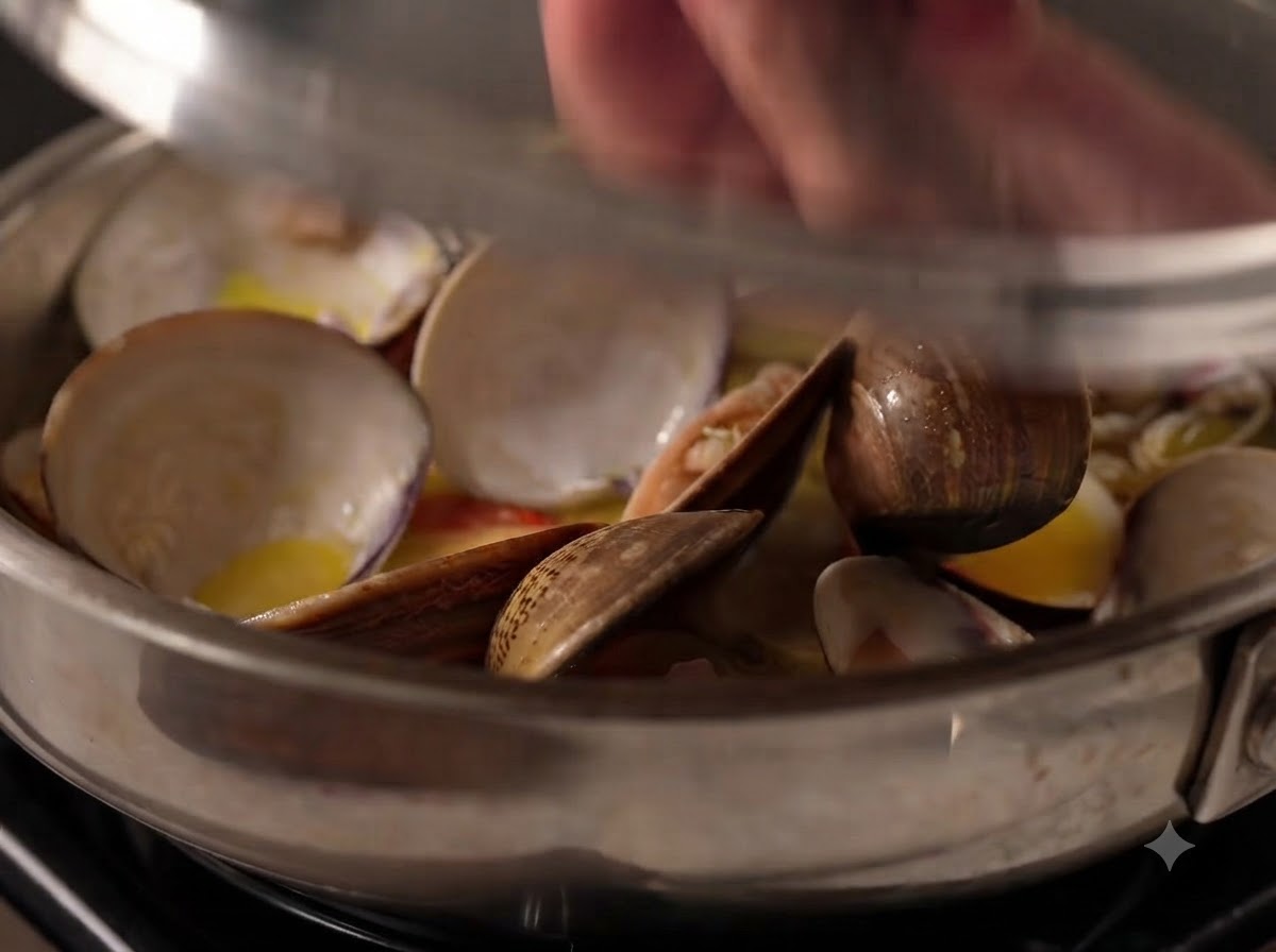 Eine Metallpfanne ist mit einem Deckel abgedeckt, während die Muscheln im Inneren dämpfen und sich öffnen.