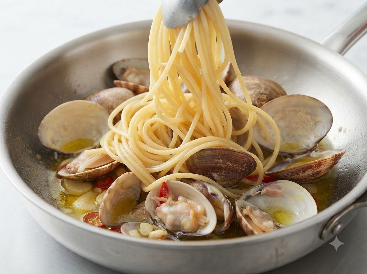 Ein Klumpen gekochte Spaghetti wird mit einer Zange angehoben und in eine Pfanne mit gekochten Muscheln gegeben.