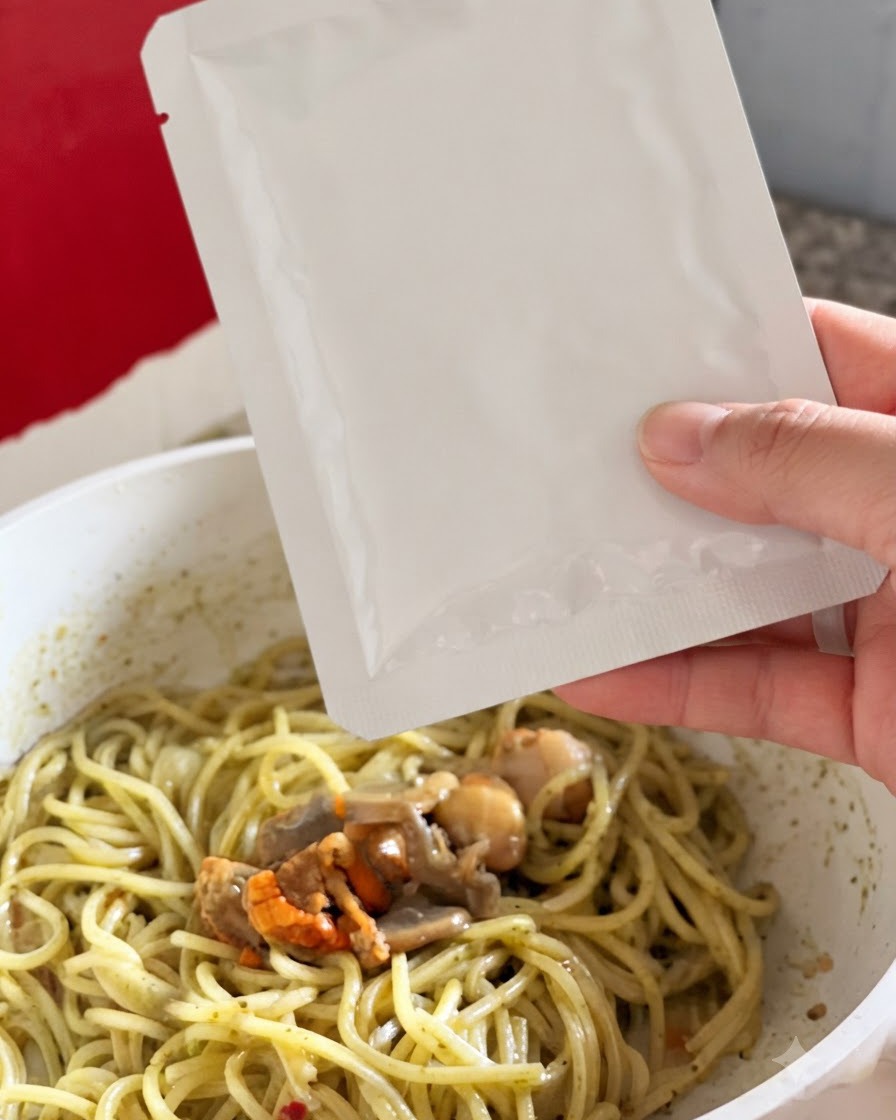 Eine Hand hält eine weiße Folientüte über eine weiße Pfanne und gießt die Muschel-Gemüse-Beilage in eine Portion grüne Pesto-Pasta.