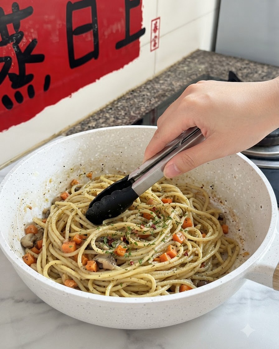 Zange mischt Pasta, gewürfelte Karotten, Pilze und Kräuter in einer weißen Bratpfanne.