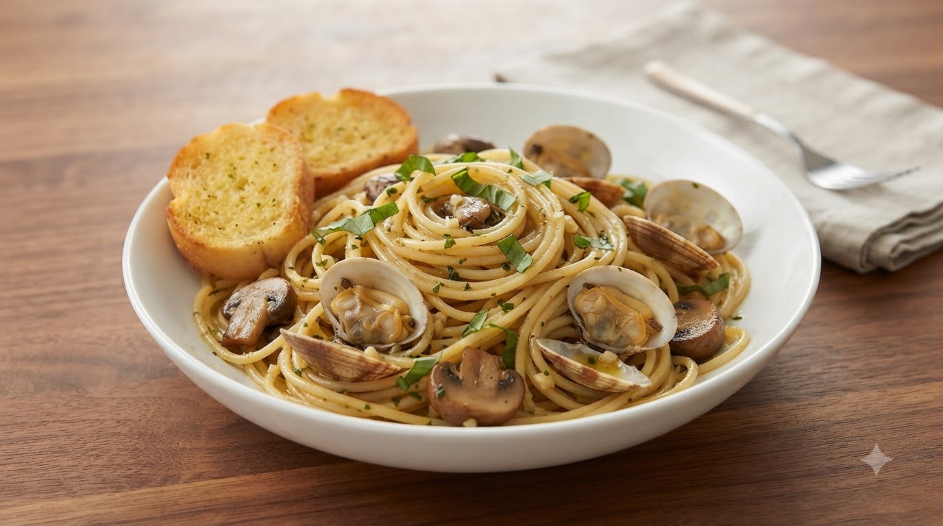 Knoblauch-Basilikum-Muschel-Pasta mit Weißwein