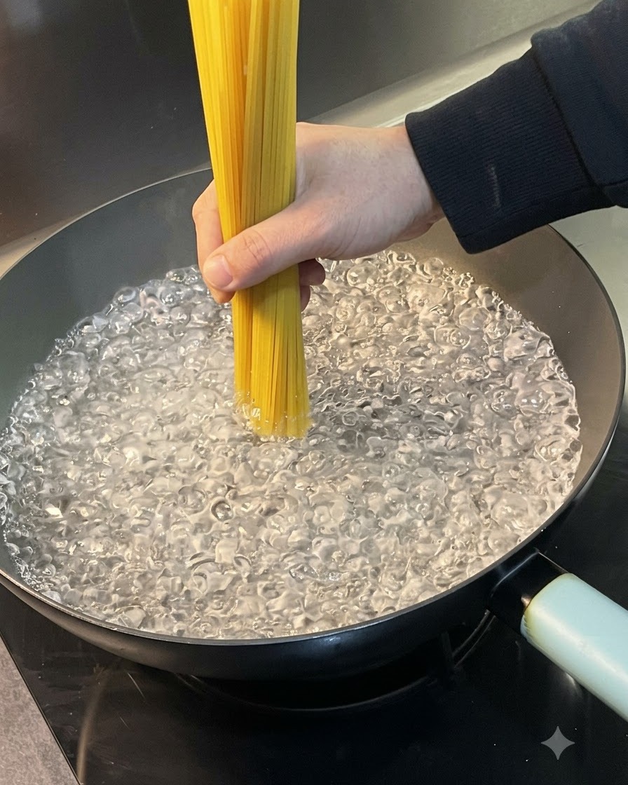 Ein Bündel rohe Spaghetti wird in einen Topf mit kochendem Wasser gegeben.
