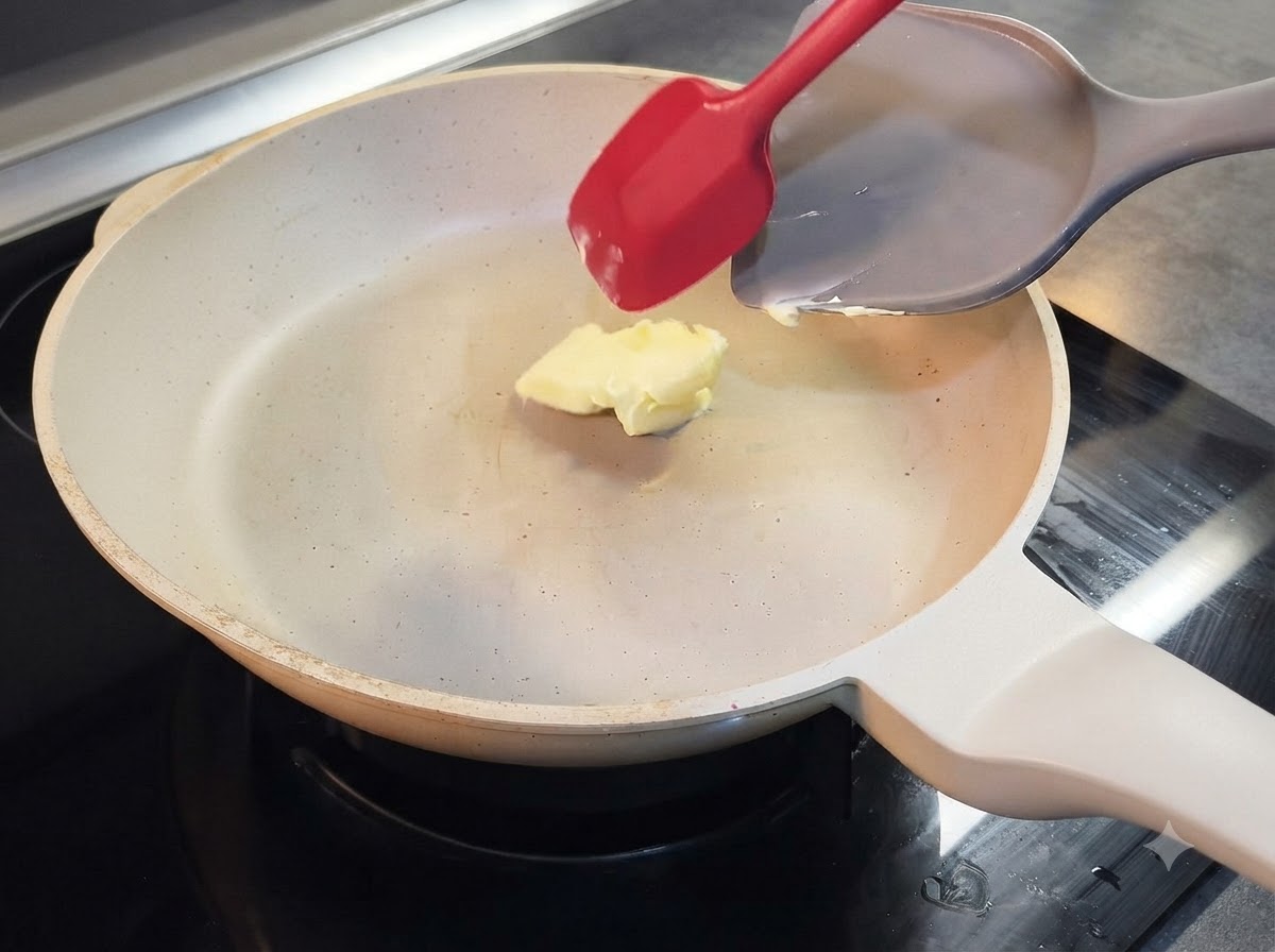 Ein Pfannenwender rührt ein schmelzendes Stück Butter in einer weißen Bratpfanne.