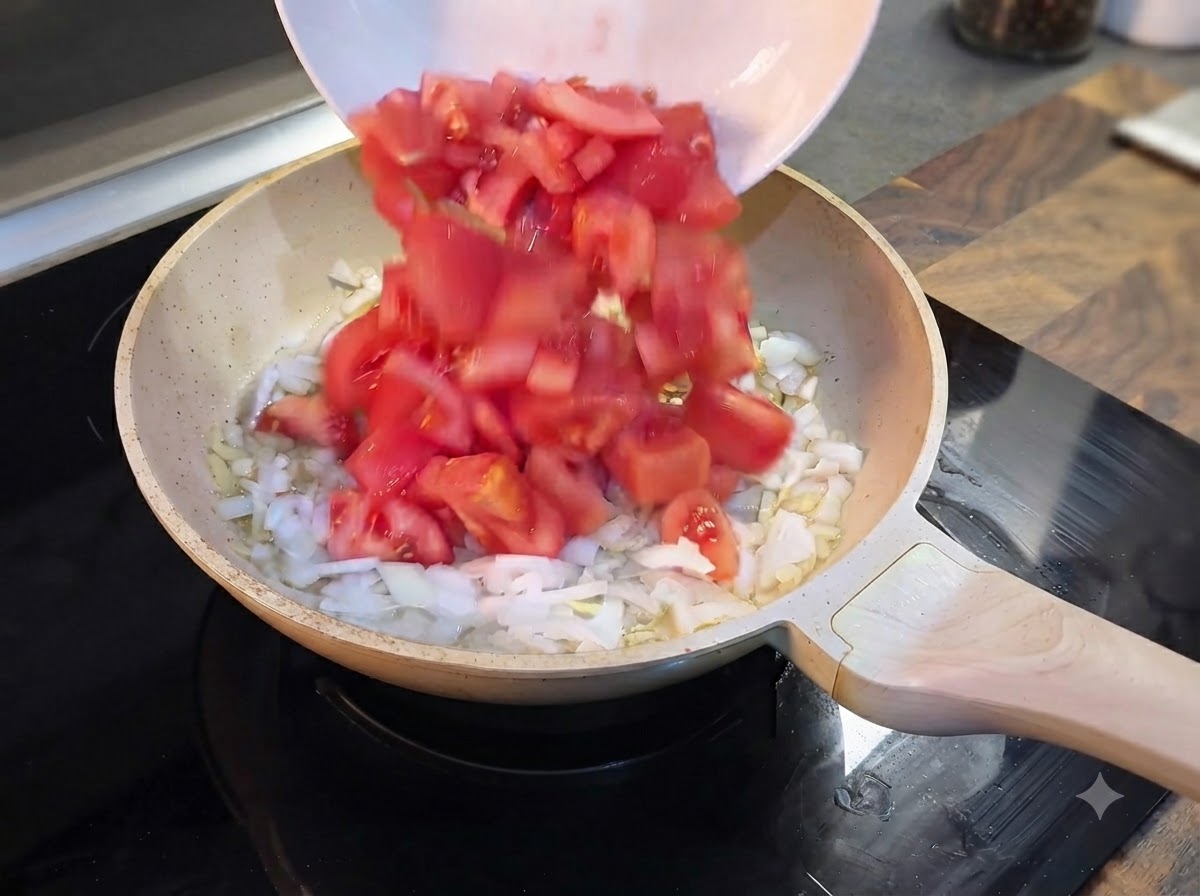 Frisch gehackte rote Tomaten werden aus einer weißen Schüssel in die Pfanne mit den Zwiebeln geschüttet.