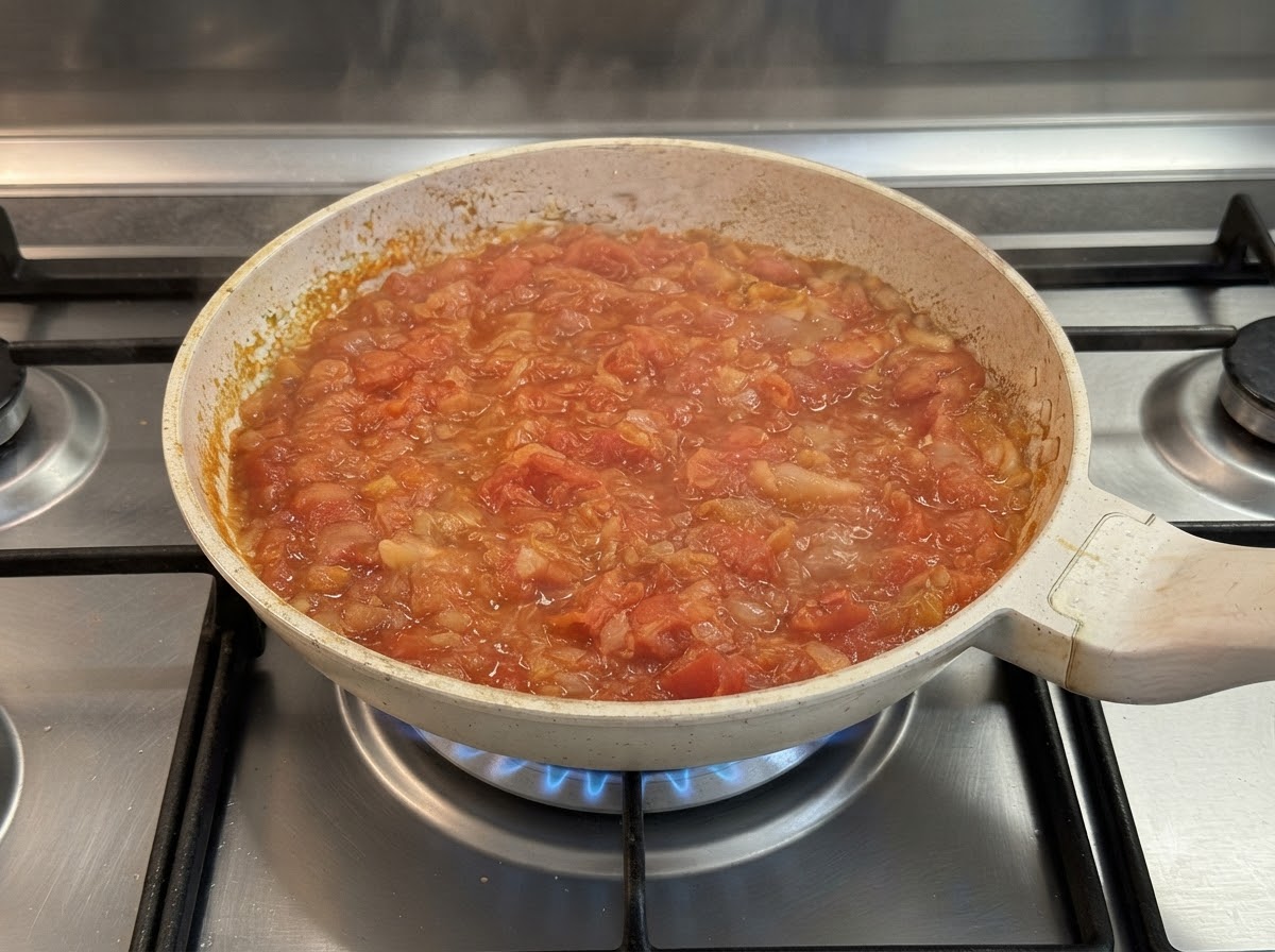 Köstelnde Tomatensauce in einer Pfanne, während Frischkäse darin schmilzt.