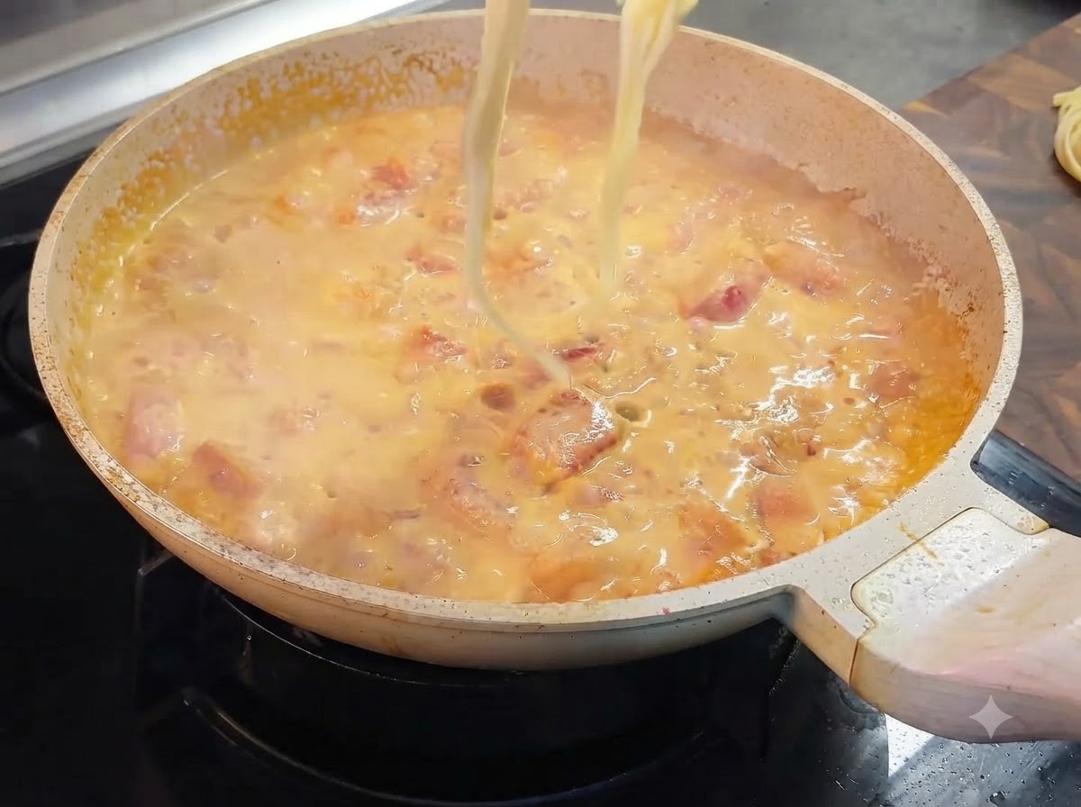 Gekochte Nudeln werden mit einer Zange angehoben und in die Pfanne mit der cremigen Tomatensauce gegeben.