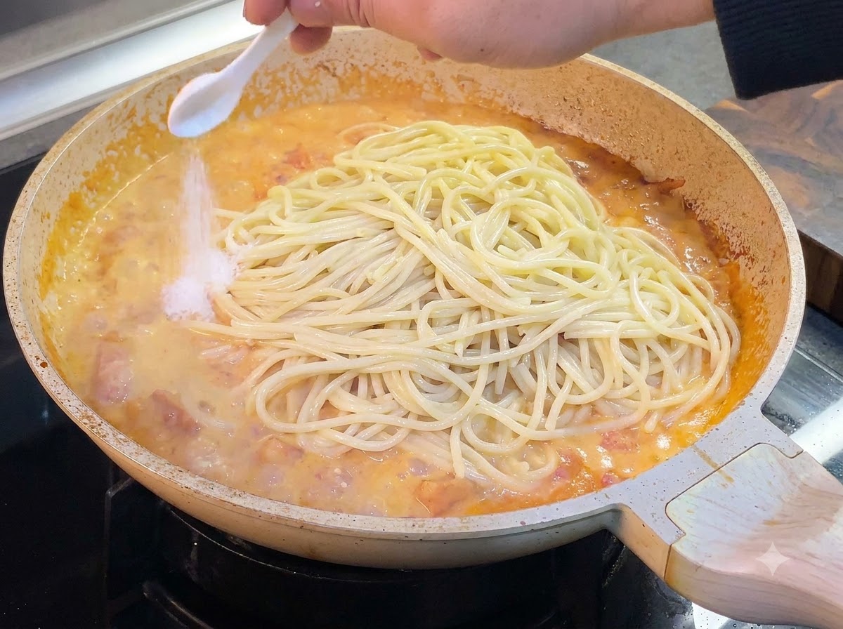 Ein Löffel Salz wird über gekochte Spaghetti gestreut, die in einer cremigen Tomatensauce in einer Pfanne liegen.
