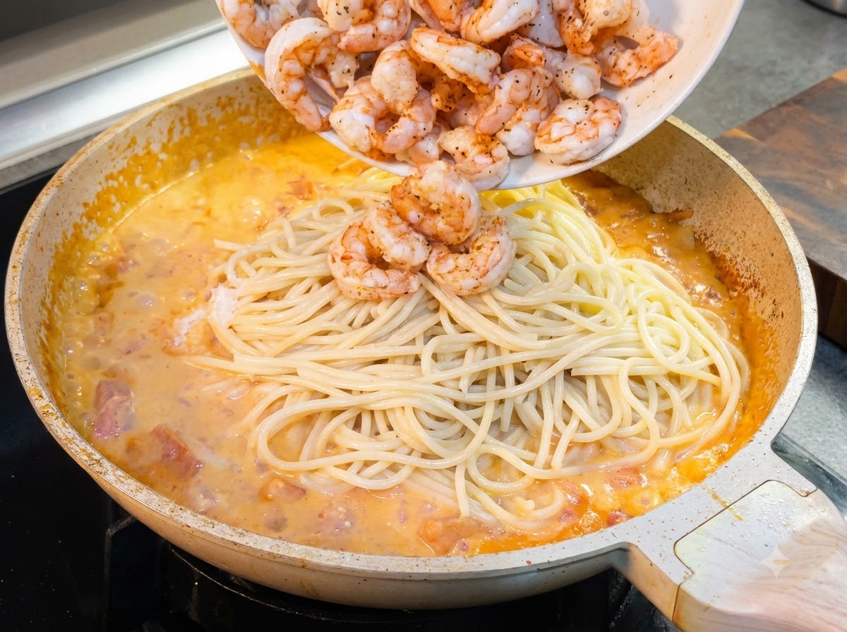 Gebratene Garnelen werden von einem weißen Teller in eine Pfanne mit Spaghetti und cremiger Sauce gegeben.