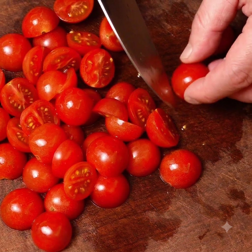 Kirschtomaten werden mit einem Messer auf einem Holzschneidebrett halbiert.