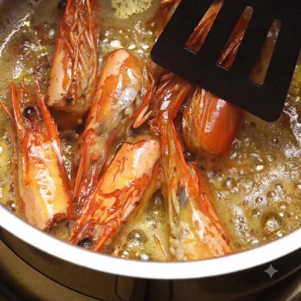 Garnelenköpfe braten in blubberndem Olivenöl in einem Topf und werden mit einem schwarzen Spatel zerdrückt.