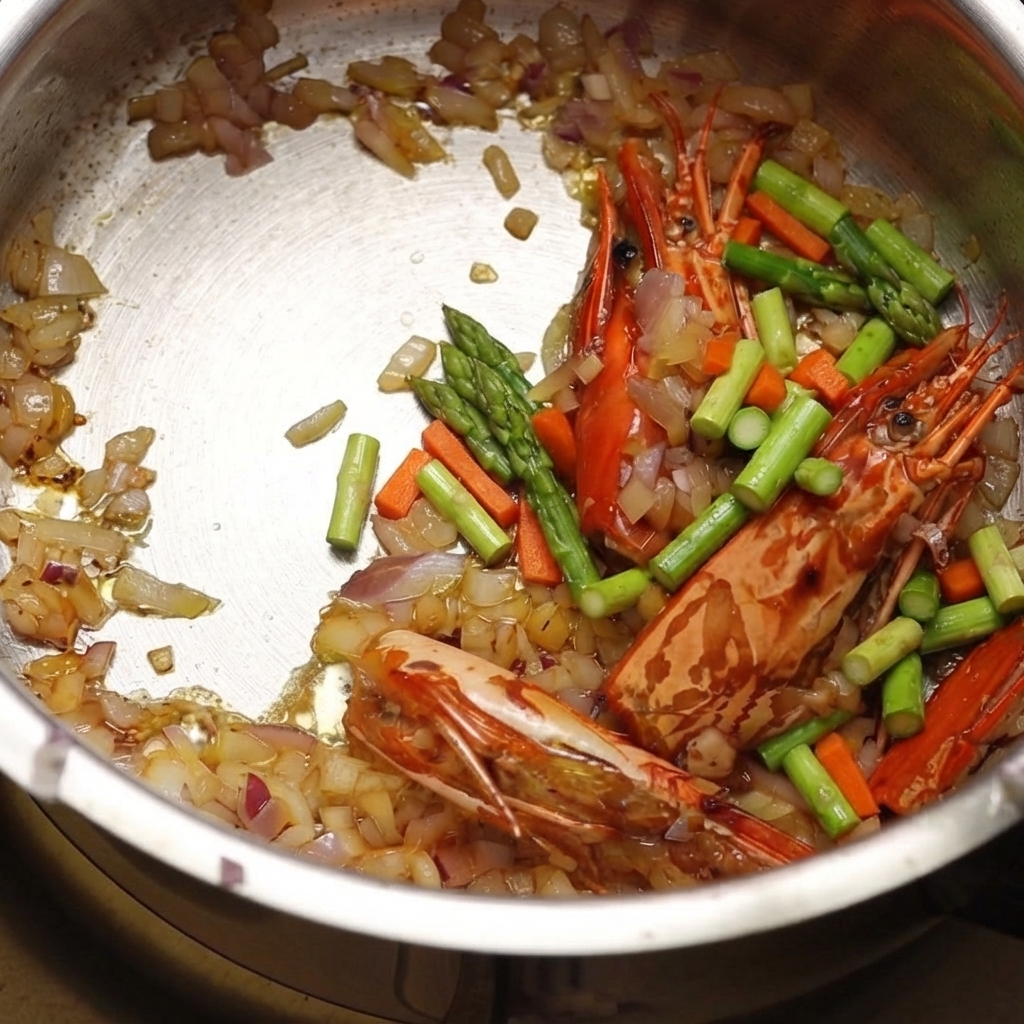 Gewürfelte Karotten und Sellerie werden zu einem Topf mit angebratenen Aromaten und Garnelenköpfen gegeben.