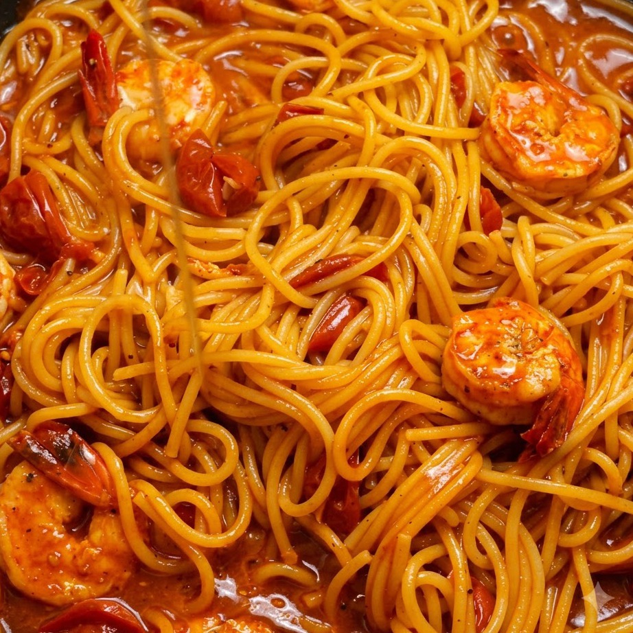 Spaghettinudeln und gekochte Garnelen werden in einer reichhaltigen roten Tomatensoße in einer Panne geschwenkt.