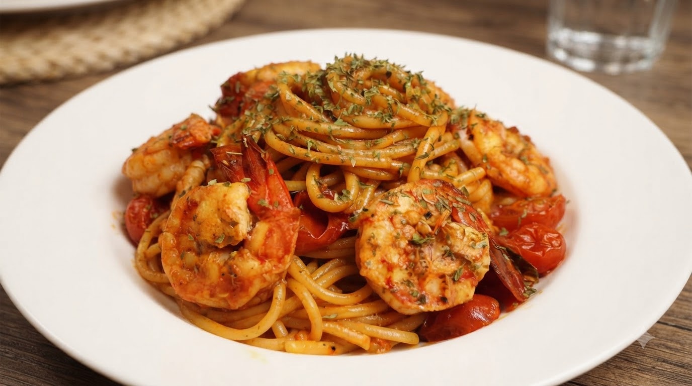 Hausgemachte Tomaten-Garnelen-Spaghetti