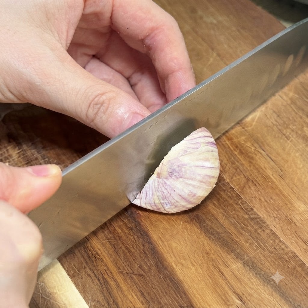 Nahaufnahme von Knoblauchzehen, die auf einem Holzbrett in feine Stücke geschnitten werden.