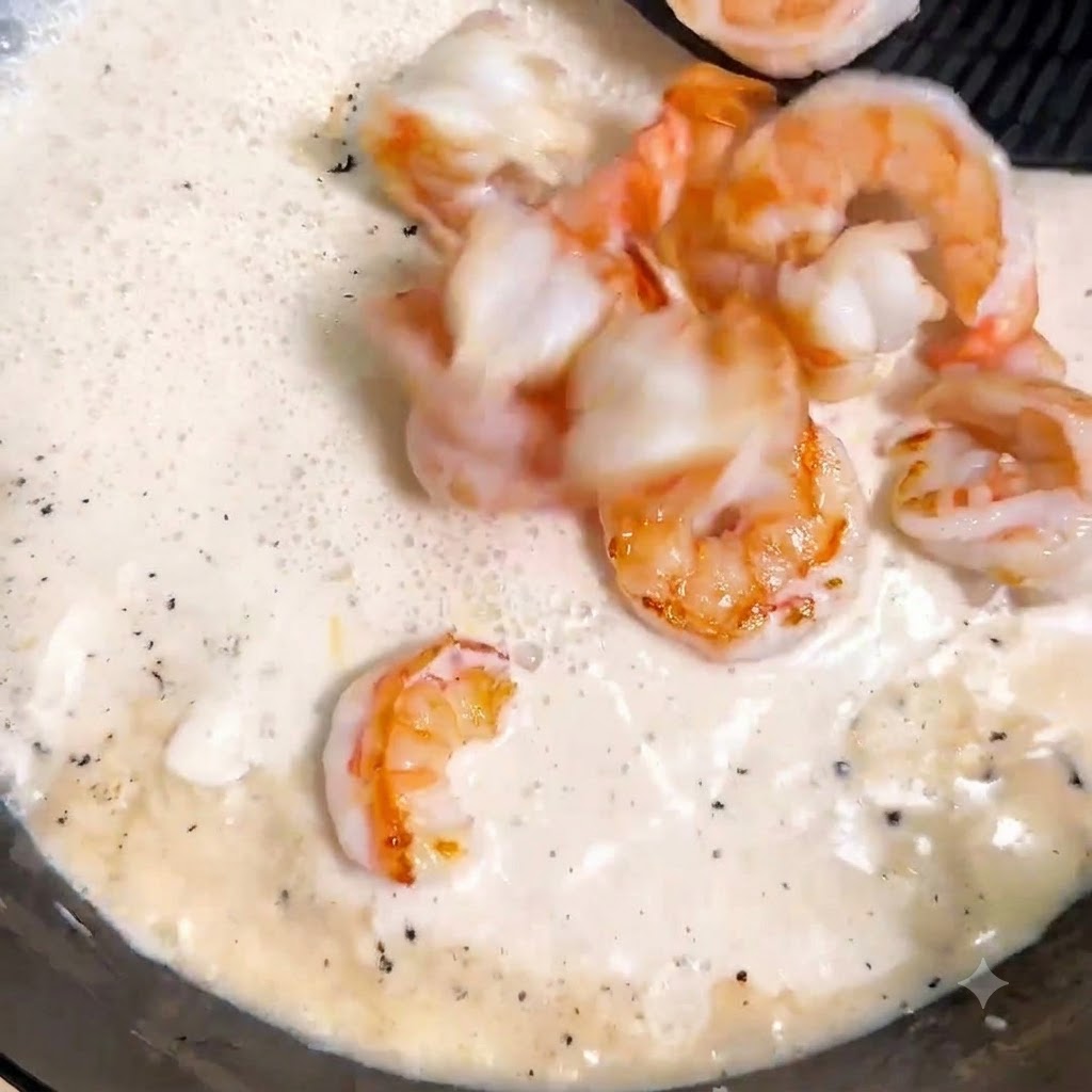 Gekochte Garnelen und gekochte Spaghetti werden in einer Bratpfanne unter die köchelnde Sahnesauce gehoben.