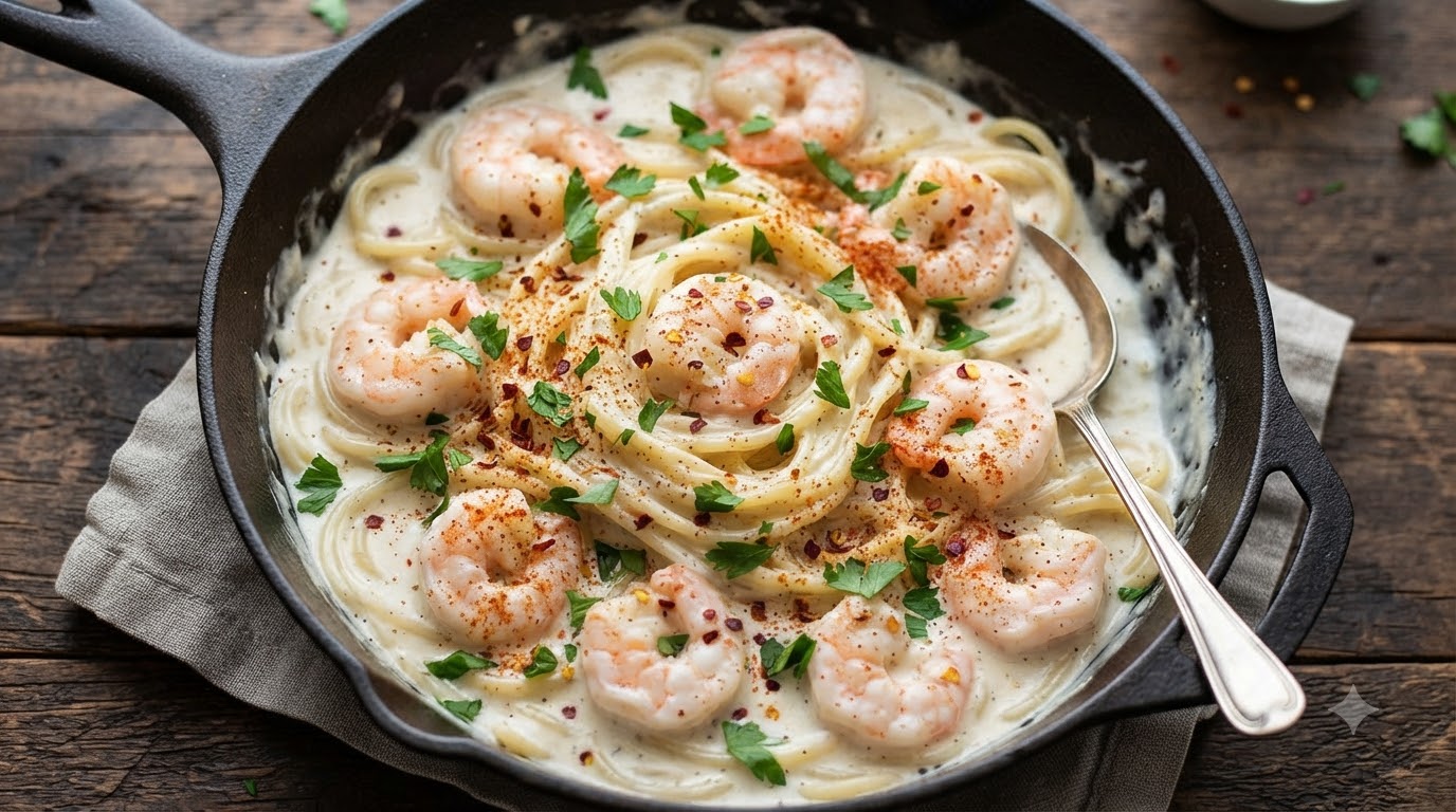 Cremige Knoblauch-Garnelen-Pasta in einer Pfanne, garniert mit frischer Petersilie und roten Chiliflocken