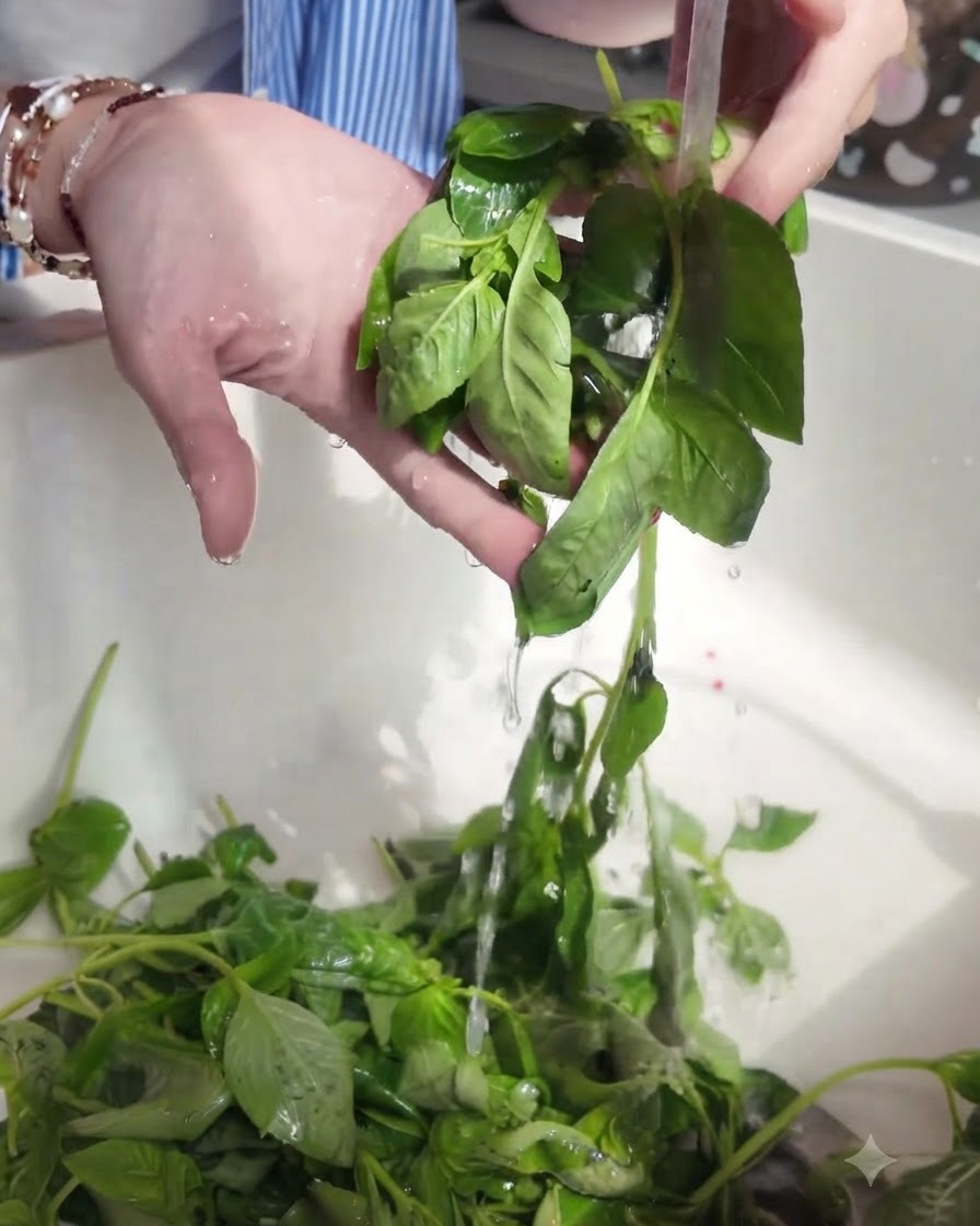 Frische grüne Basilikumblätter werden unter fließendem Wasser in der Spüle gründlich abgespült.