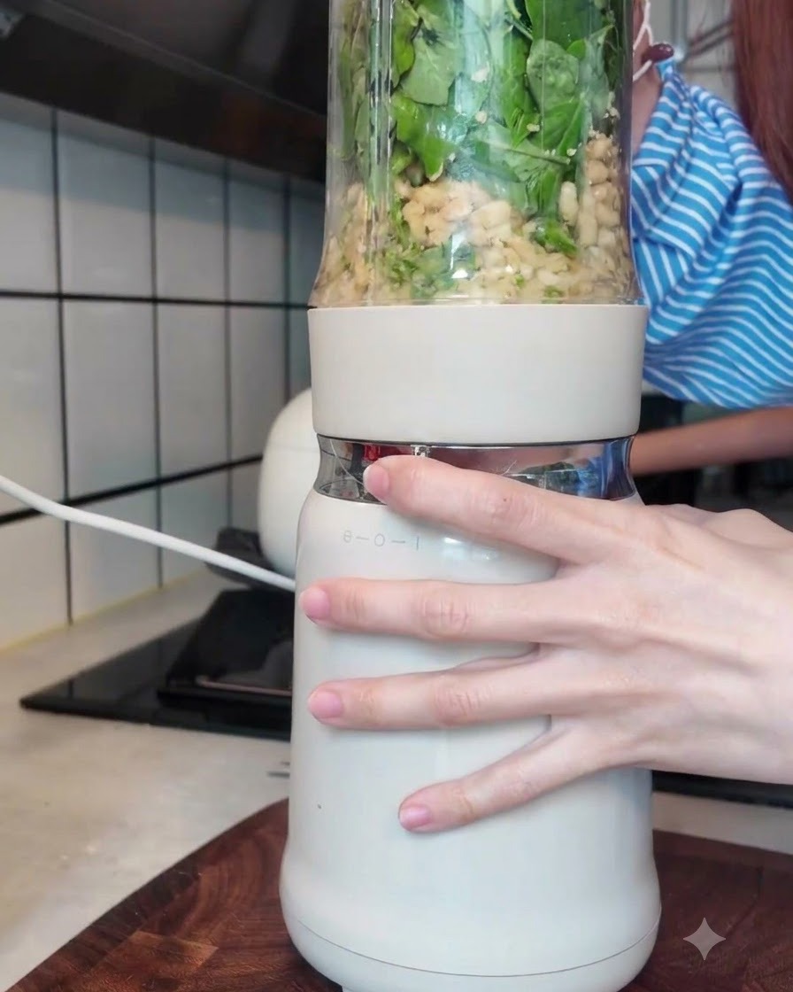 Ein Mixer verarbeitet aktiv Basilikum, Nüsse, Käse und Öl zu einer glatten, leuchtend grünen Sauce.