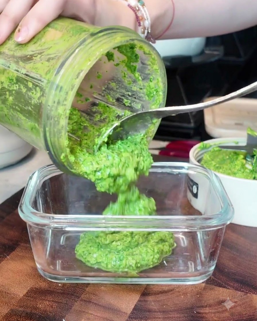 Leuchtend grünes Basilikumpesto wird mit einem Löffel aus einem Mixbecher in einen klaren Glasbehälter geschöpft.