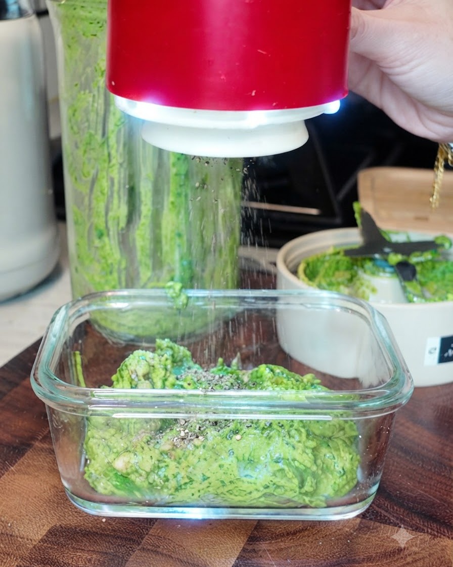 Schwarzer Pfeffer und Meersalz werden aus einem Streuer auf das grüne Basilikumpesto in einer Glasschale gestreut.