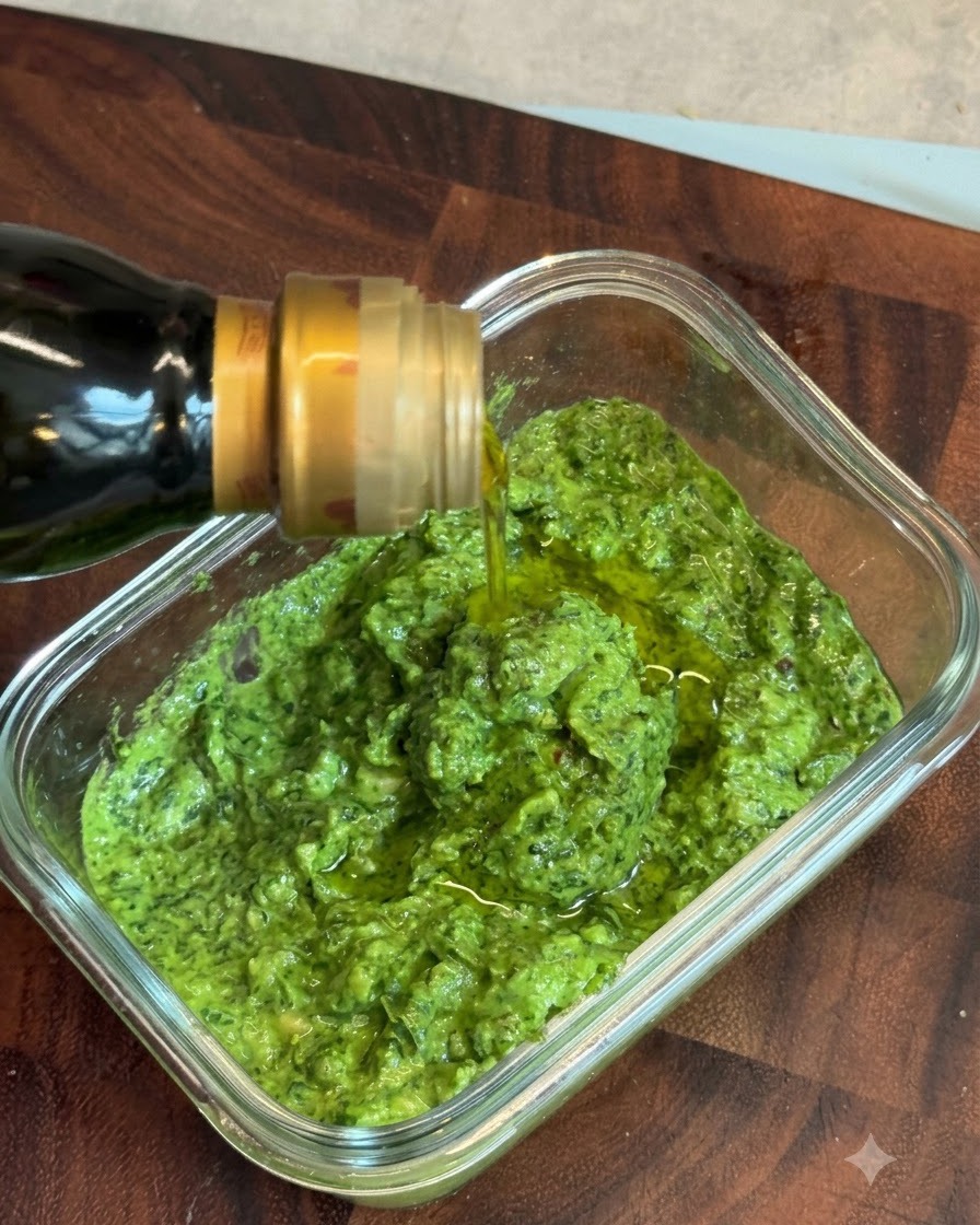 Olivenöl wird aus einer Glasflasche gegossen, um eine Schutzschicht über dem leuchtend grünen Basilikumpesto zu bilden.