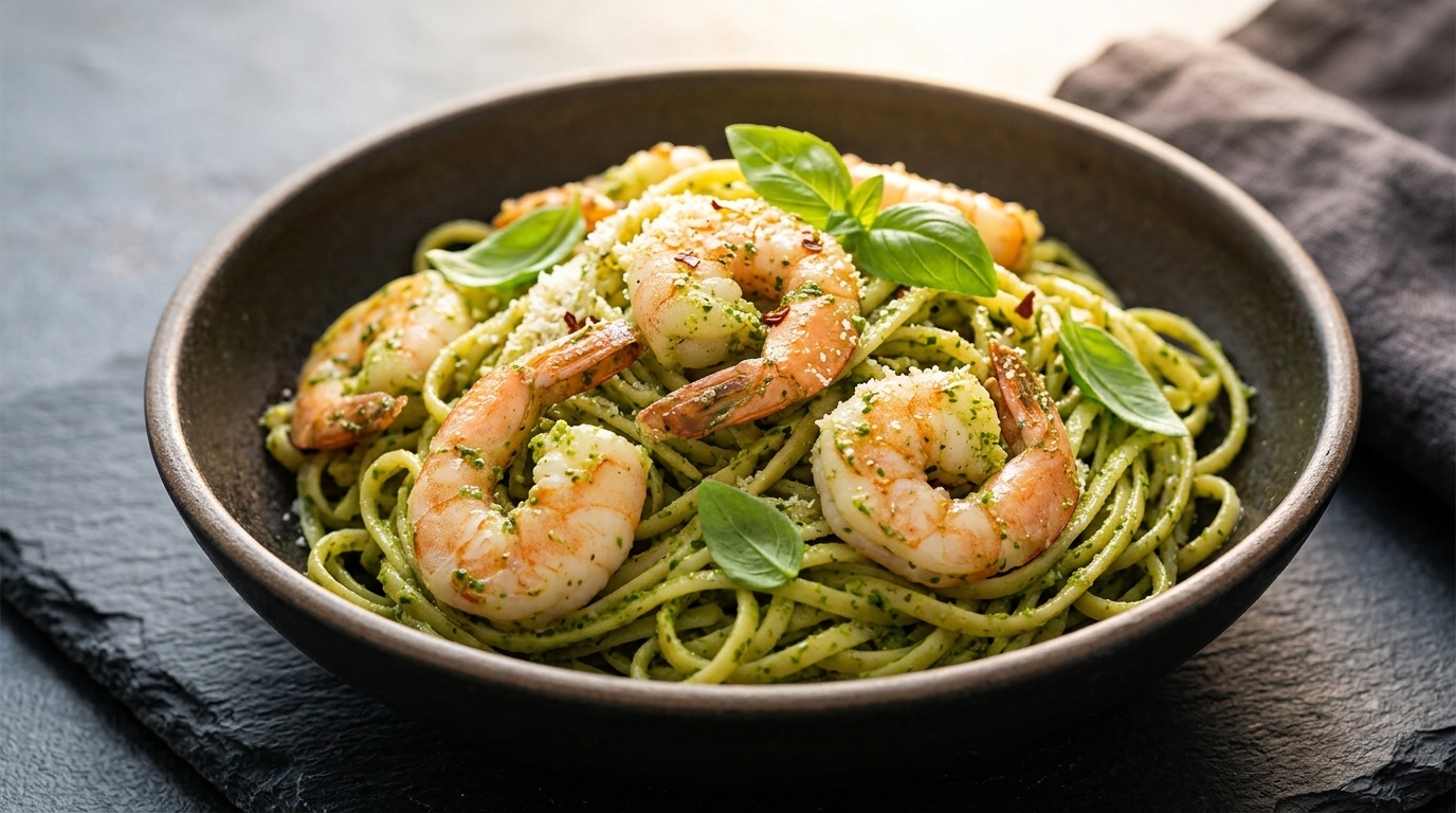 Frische Basilikum-Pesto-Pasta mit Garnelen