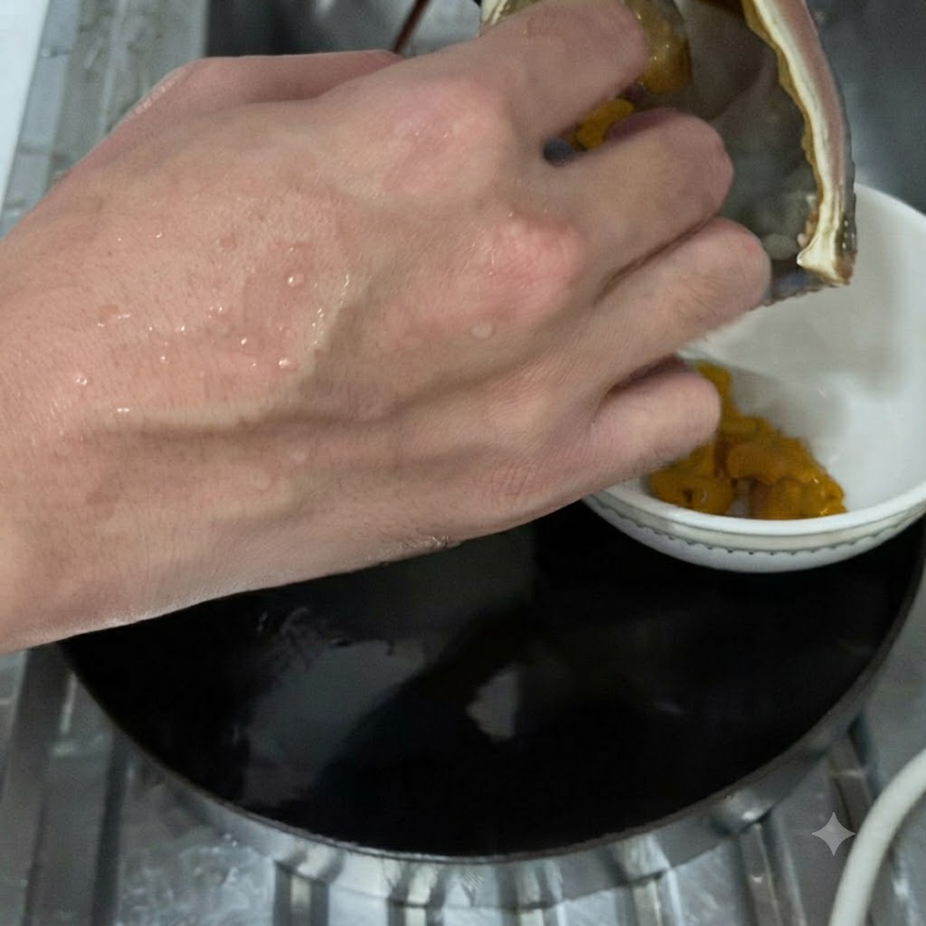 Hände löffeln gelbe Langustenpaste aus der Kopfhöhle einer Languste in eine kleine weiße Schüssel.