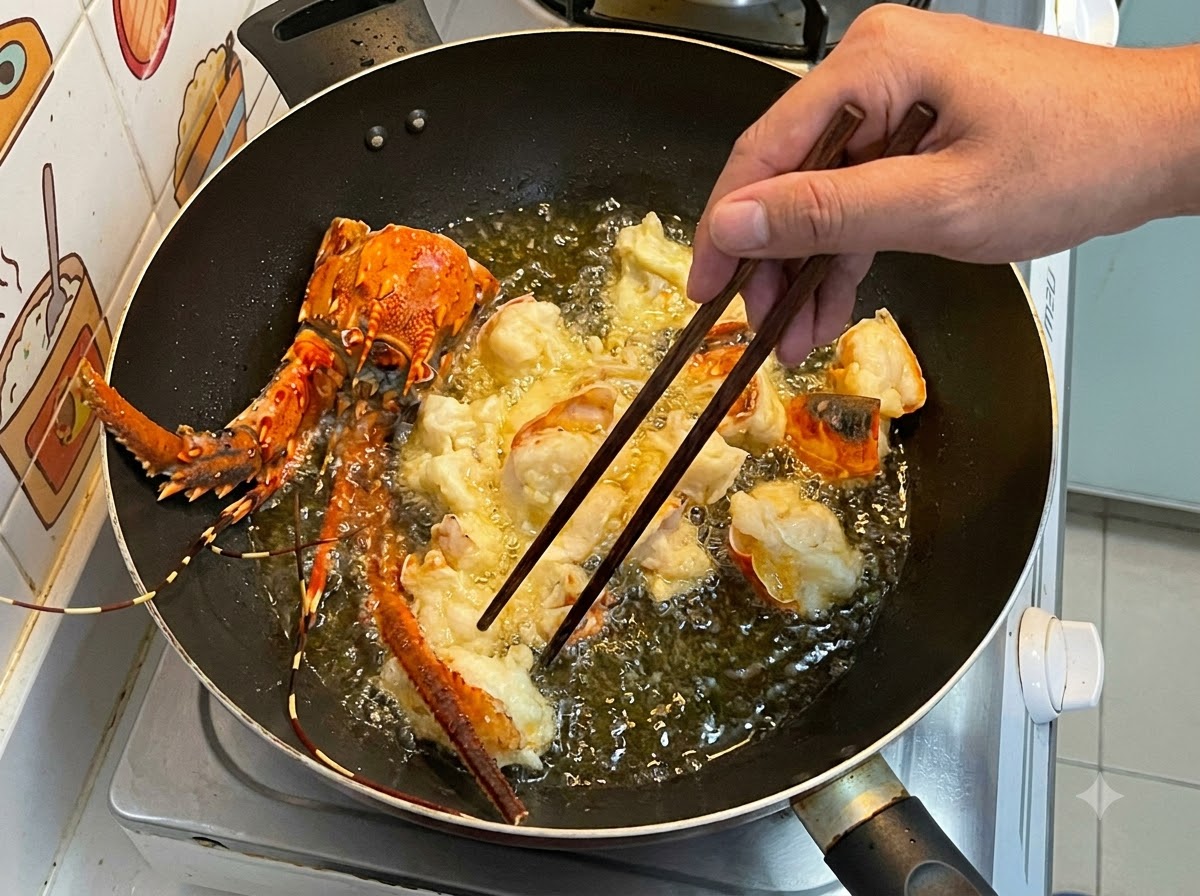 Panierte Langustenstücke und Panzer frittieren in heißem, sprudelndem Öl in einem Wok.