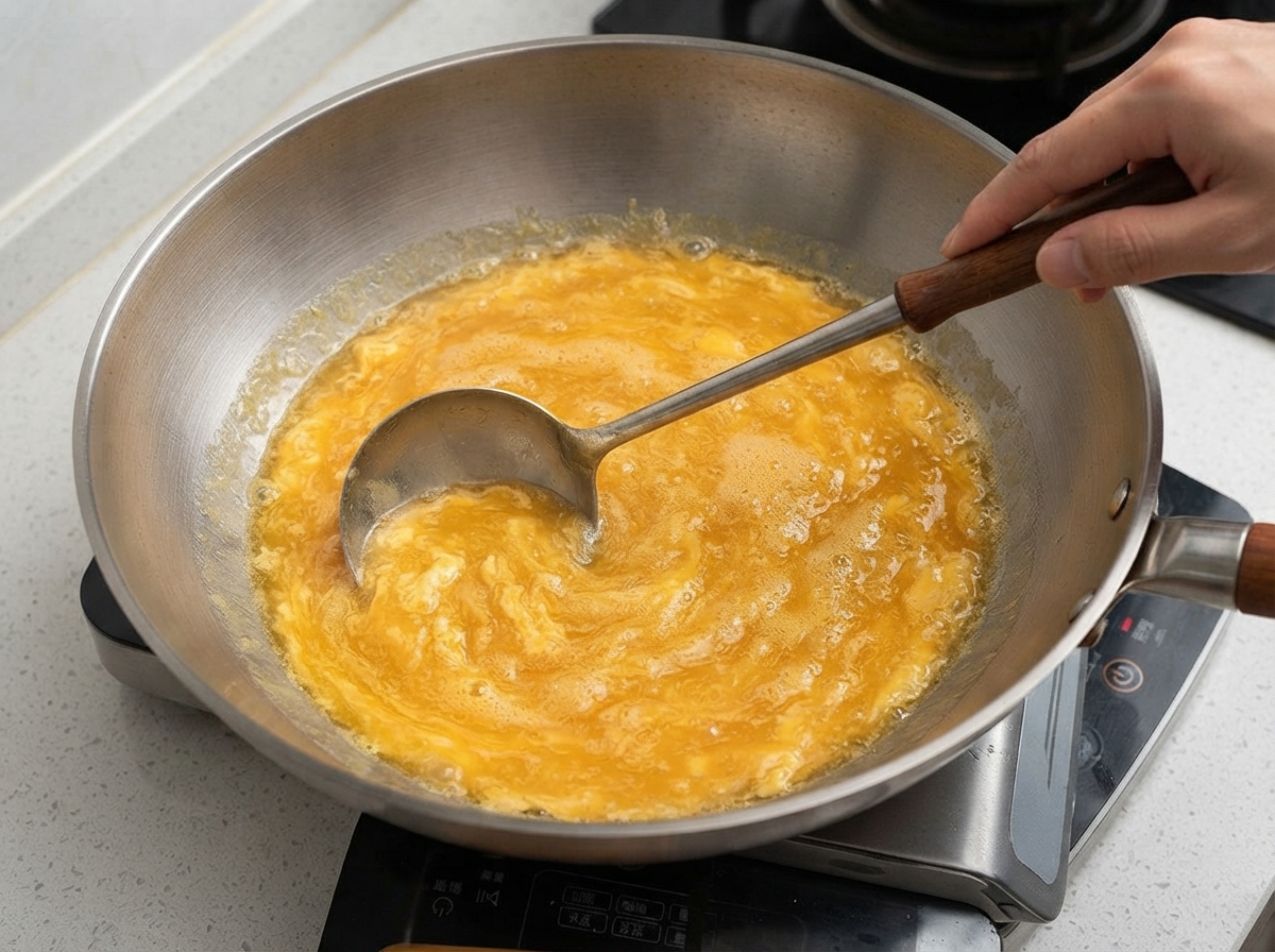 Eine Kelle rührt eine sprudelnde, hellgoldgelbe Käsesauce in einem Wok um.
