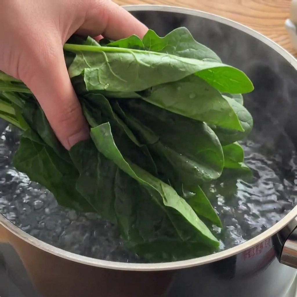 Eine Hand hält frische grüne Spinatblätter und legt sie in einen Topf mit kochendem Wasser.