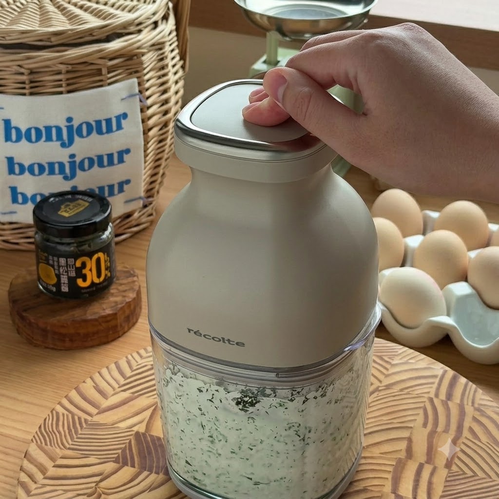Eine Hand drückt auf den Deckel einer beigen Küchenmaschine, während diese Zutaten zu einer grünen Sauce püriert.