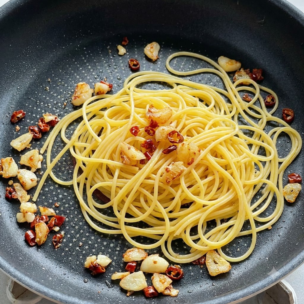 Gekochte Spaghetti-Nudeln liegen in einer Pfanne neben angedünstetem Knoblauch und Chilstücken.