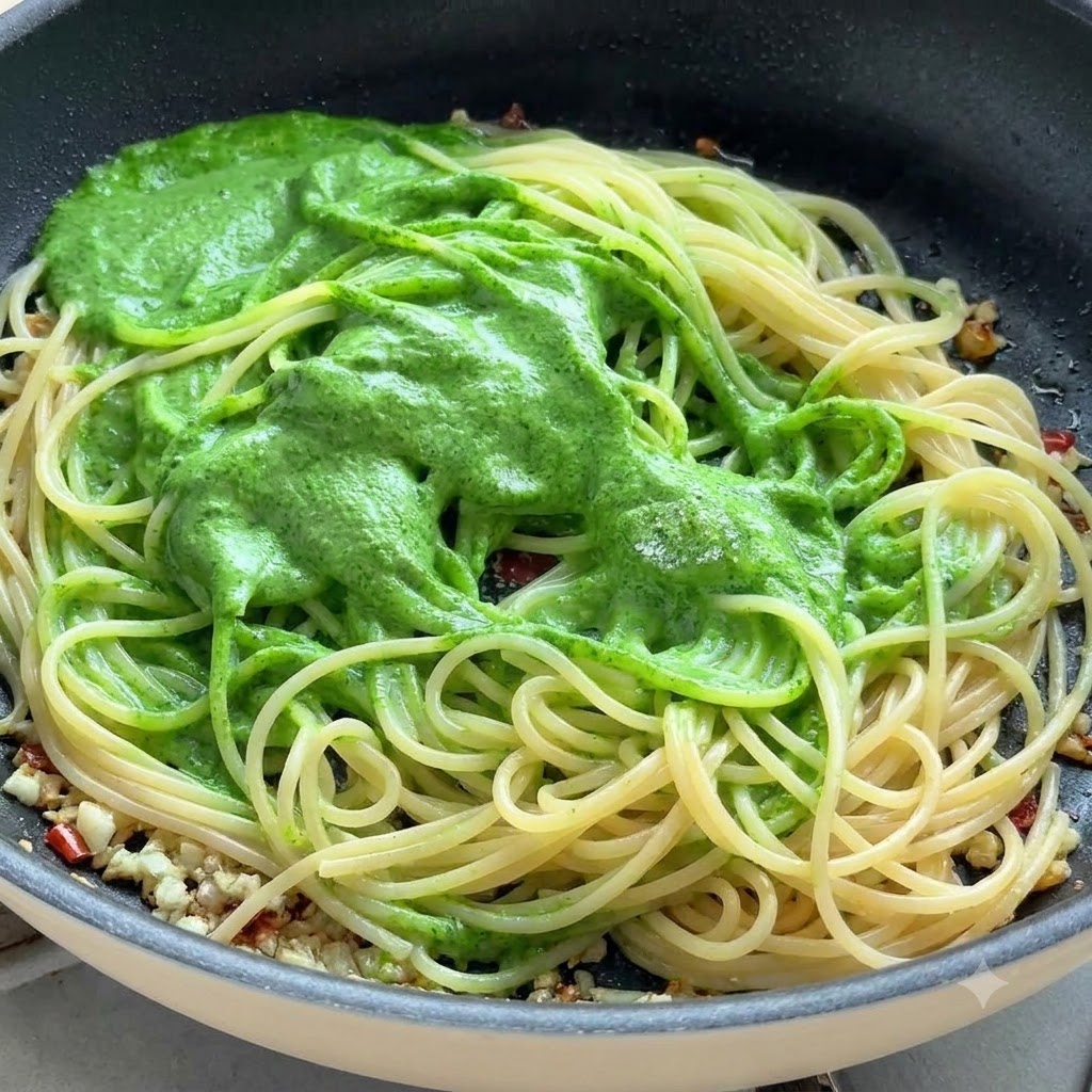 Spaghetti-Nudeln und grüne Pestosauce werden mit einer Küchenzange in einer Pfanne vermischt und gewendet.