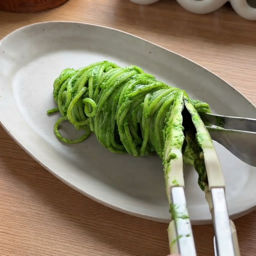 Eine Zange hält und platziert eine ordentlich aufgerollte Portion grünes Pestospaghetti auf einem weißen ovalen Teller.